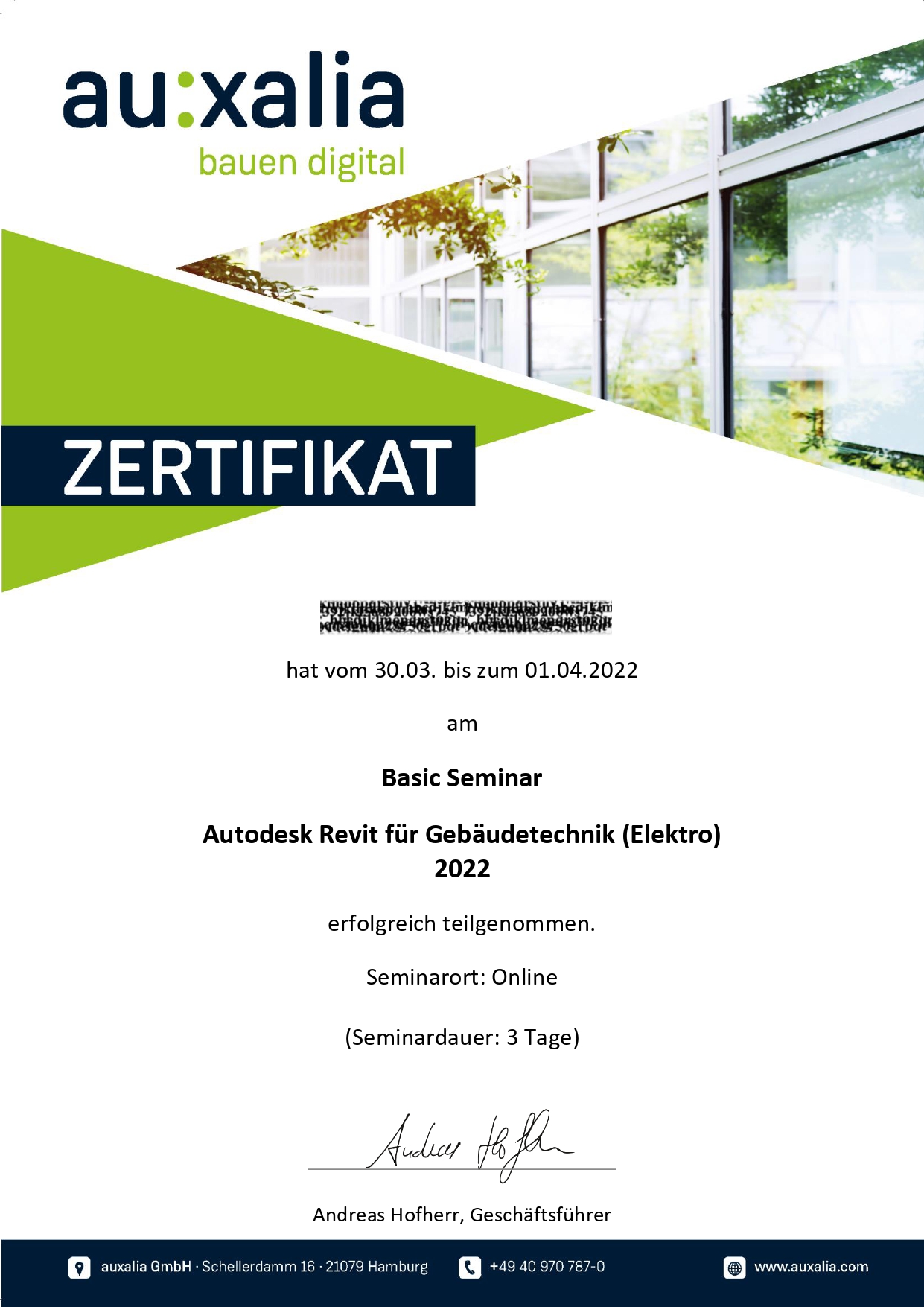 sineplan - Zertifikat Auxalia 2022 Autodesk Revit fuer Gebaeudetechnik Basic